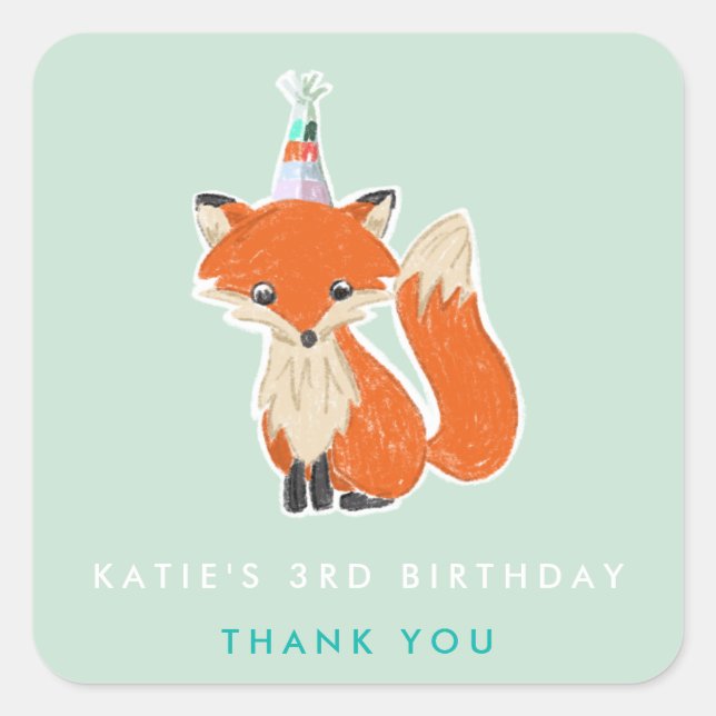 Mint Green Cute Fox Party Hat Woodland Birthday Square Sticker (Front)