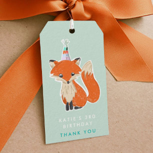 Mint Green Cute Fox Party Hat Woodland Thank You Gift Tags