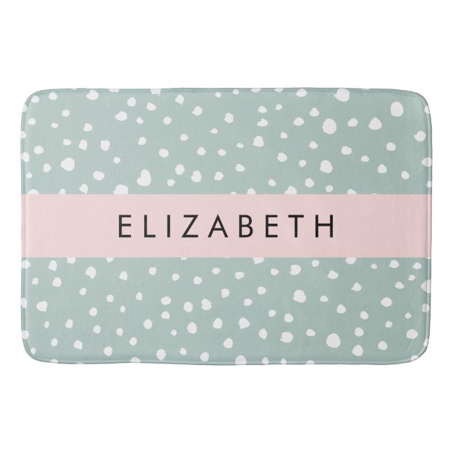 Mint Green Dalmatian Dots, Spots, Your Name Bath Mat (Front)