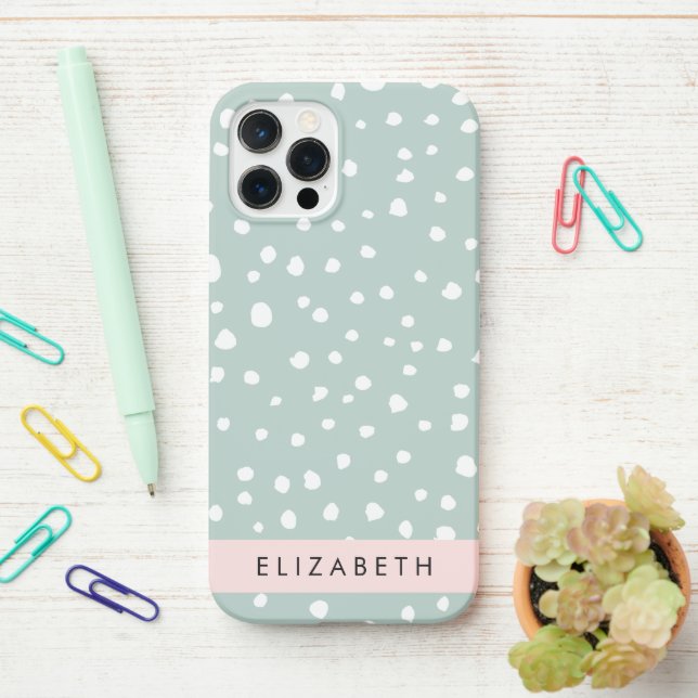Mint Green Dalmatian Dots, Spots, Your Name iPhone Case (On Desk)