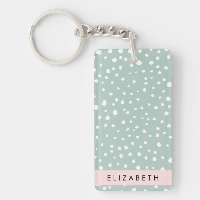 Mint Green Dalmatian Dots, Spots, Your Name Key Ring (Front)