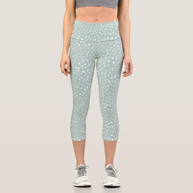 Mint Green Dalmatian Spots, Dalmatian Dots, Dotted Capri Leggings (Front)