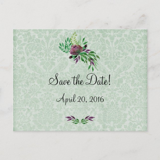 Mint Green Damask Save the Date Postcard (Front)