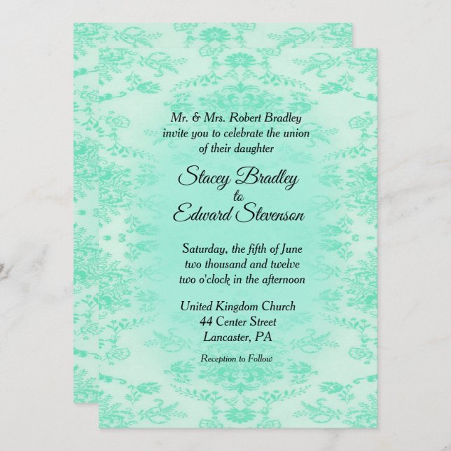 Mint Green Damask Wedding Invitation (Front/Back)