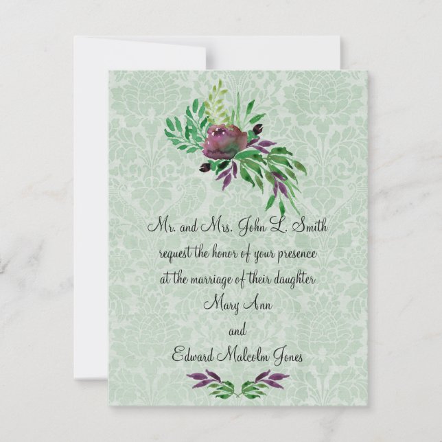 Mint Green Damask Wedding Invitation 4.25" x 5.5" (Front)