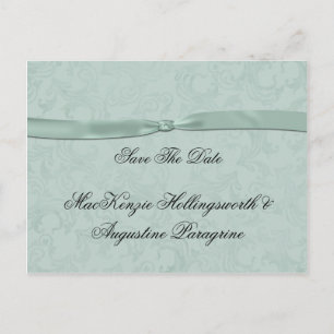 Mint Green Damask With Mint Ribbon Save The Date Announcement Postcard