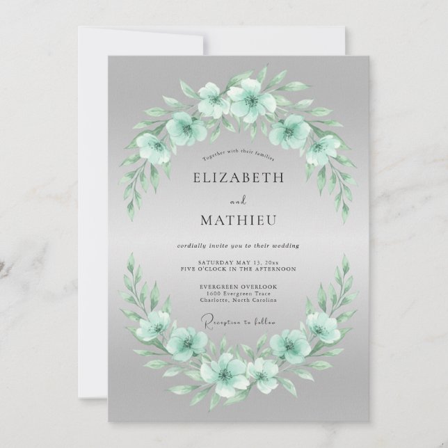 Mint Green Delicate Bloom Wedding Invitation (Front)