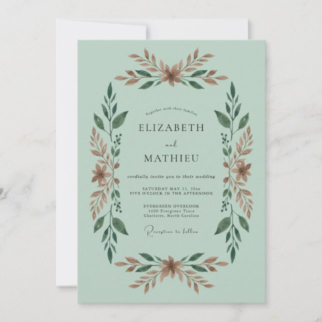 Mint Green Delicate Foliage Wedding Invitation (Front)