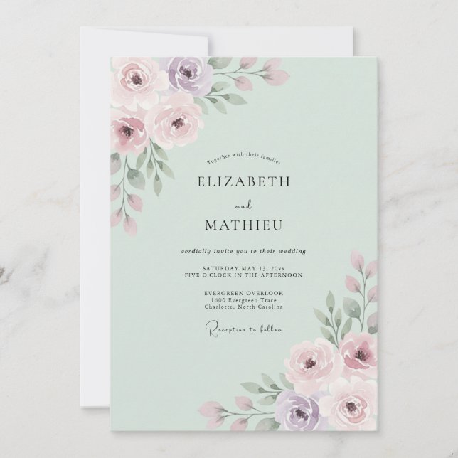 Mint Green Delicate Petal Wedding Invitation (Front)