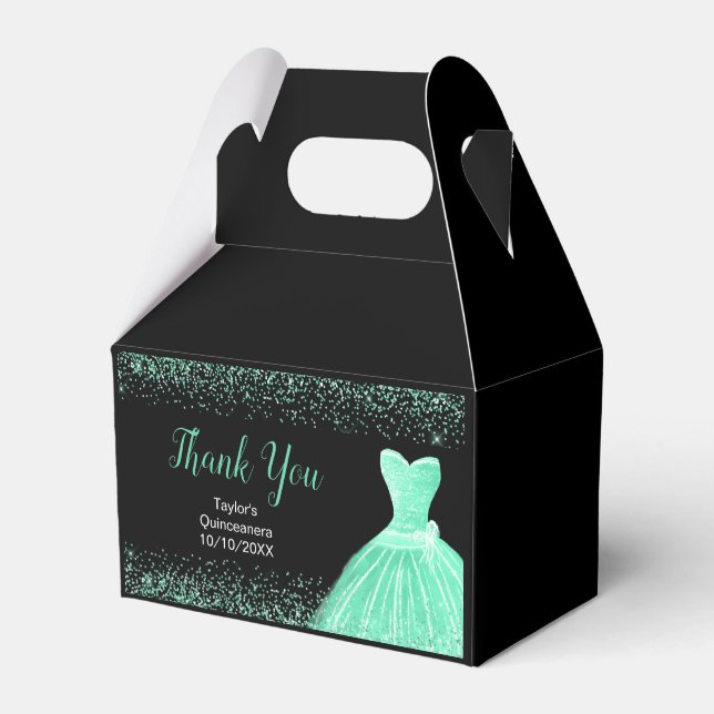 Mint Green Dress Faux Glitter Quinceanera Favour Box (Front Side)