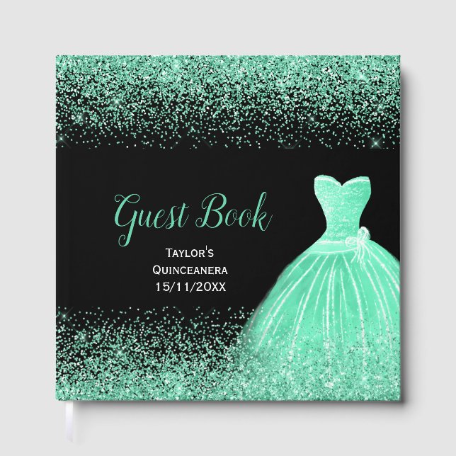 Mint Green Dress Faux Glitter Quinceanera Guest Book (Front)