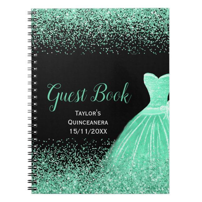 Mint Green Dress Faux Glitter Quinceanera Guest Notebook (Front)