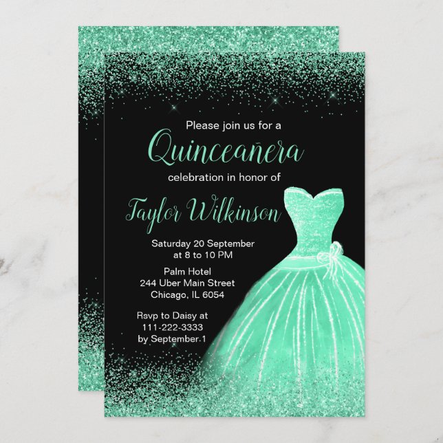 Mint Green Dress Faux Glitter Quinceanera Invitation (Front/Back)