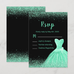 Mint Green Dress Faux Glitter Quinceanera RSVP Card