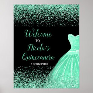 Mint Green Dress Faux Glitter Quinceanera Welcome Poster