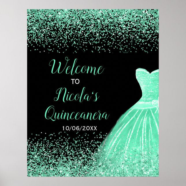 Mint Green Dress Faux Glitter Quinceanera Welcome Poster (Front)