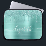 Mint Green Dripping Glitter Personalised Laptop Sleeve<br><div class="desc">Personalised chic and girly laptop sleeve featuring mint green faux glitter drips and a mint green faux brushed metallic background. Monogram with your name in a stylish trendy white script with swashes.</div>