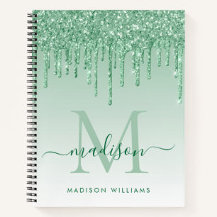 Mint Green Drips Glitter Sparkle Monogram Script Notebook
