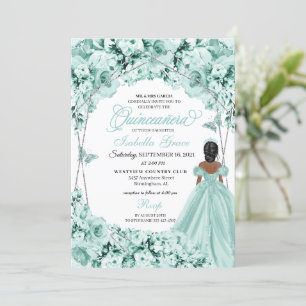 Mint Green Elegant Floral Quinceanera Invitation