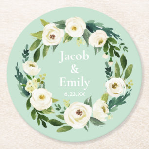 Mint Green Elegant Greenery Personalised Wedding Round Paper Coaster