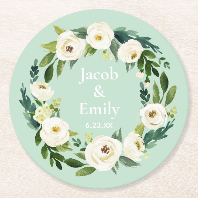 Mint Green Elegant Greenery Personalised Wedding Round Paper Coaster (Front)