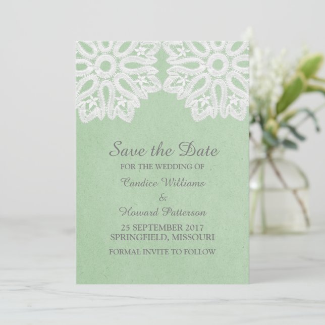 Mint Green Elegant Lace Save the Date Invite (Standing Front)