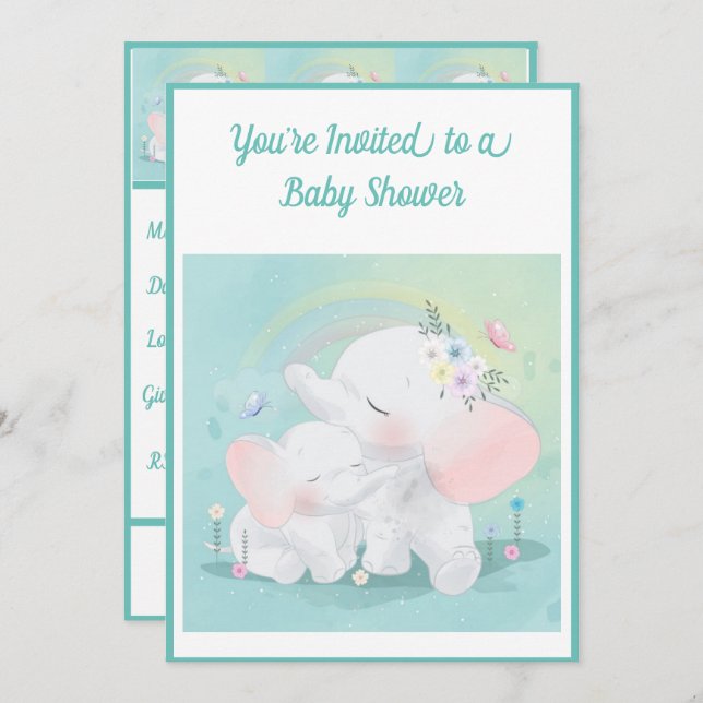 Mint Green Elephant Boy Girl Baby Shower Invitation (Front/Back)