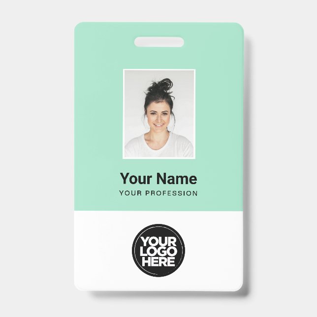 Mint Green Employee Photo, Bar Code, Logo, Name ID Badge (Front)