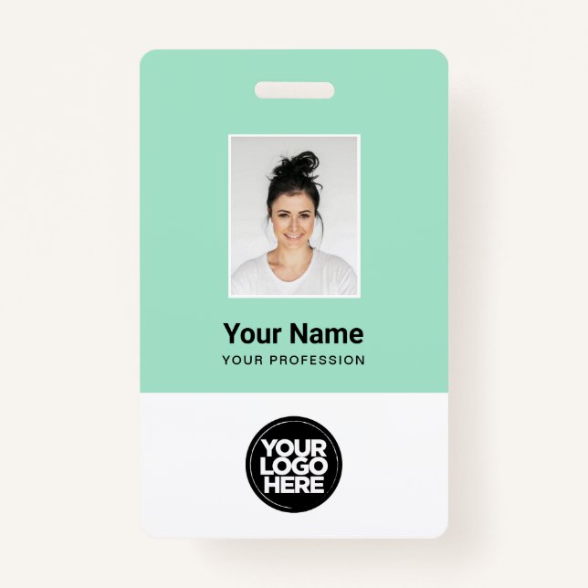 Mint Green Employee Photo, Bar Code, Logo, Name ID Badge (Front)