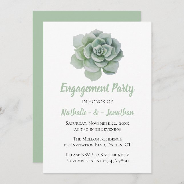 Mint Green Engagement Party Floral Succulent Invitation (Front/Back)