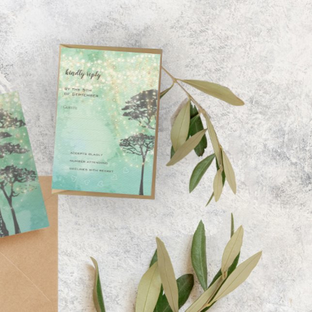 Mint Green Fairy Lights Woodsy Wedding RSVP Invitation (Creator Uploaded)
