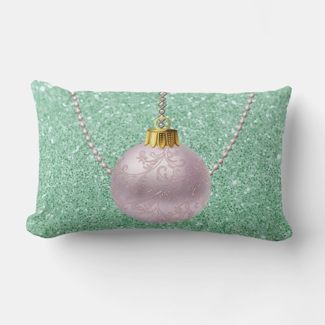 Mint Green Faux Glitter Soft Pink Ornament Lumbar Cushion (Front)