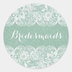 Mint-Green Faux Line White Floral Lace Classic Round Sticker