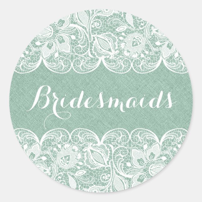 Mint-Green Faux Line White Floral Lace Classic Round Sticker (Front)