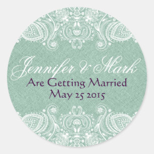 Mint-Green Faux Linen Burlap & White Paisley Lace Classic Round Sticker