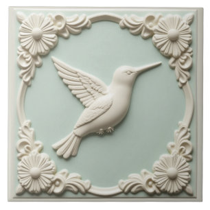 Mint green faux relief Art Nouveau Hummingbird  Ceramic Tile