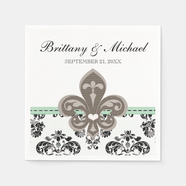 Mint Green Fleur de Lis Wedding Napkin (Front)
