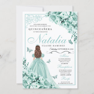 Mint Green Floral Butterflies Quinceanera Invitation