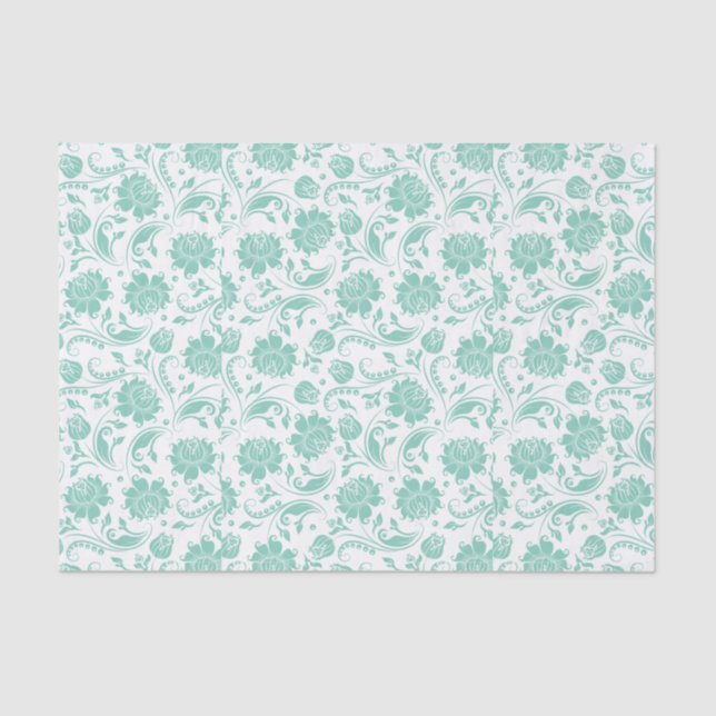 Mint-green Floral Damasks Over White Background Tissue Paper (Front)