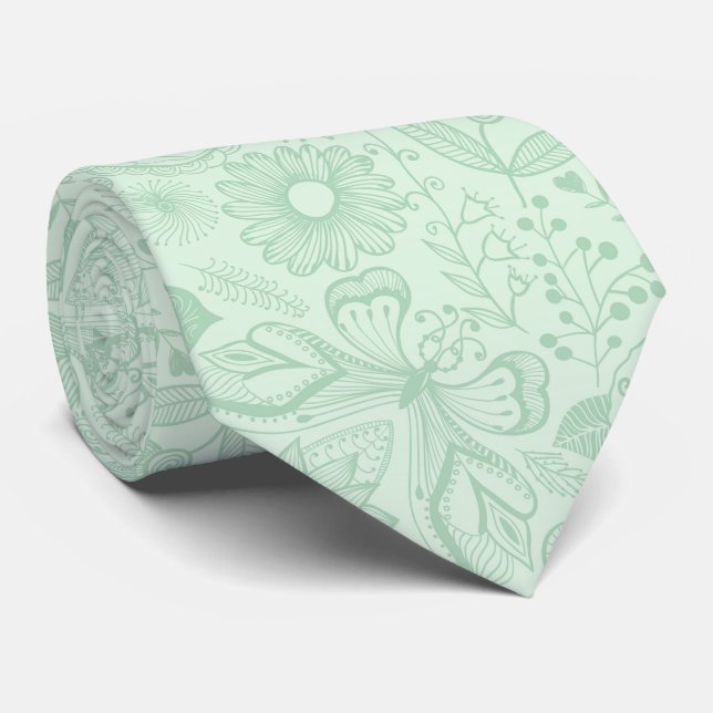 Mint-Green Floral Lace Pattern Tie (Rolled)