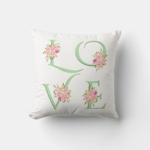 Mint green floral Love typography Valentines Day Cushion