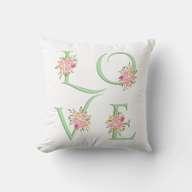 Mint green floral Love typography Valentines Day Cushion (Front)