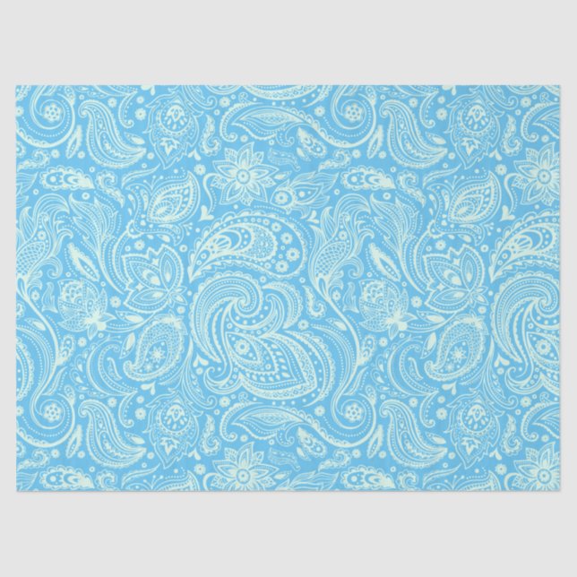 Mint-Green Floral Paisley Blue Background Tissue Paper (Front)