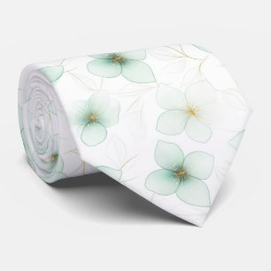 Mint Green Floral Pattern on White Background Tie