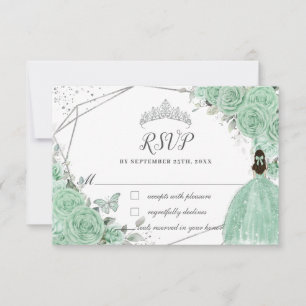 Mint Green Floral Princess Gown Silver Quinceañera RSVP Card