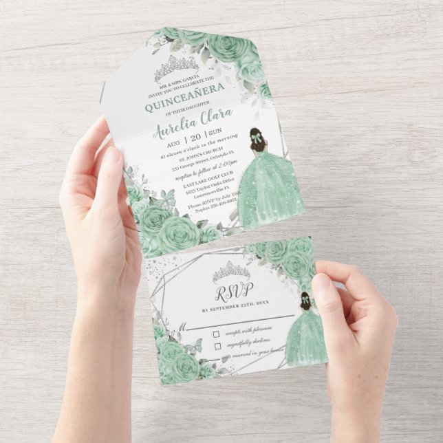Mint Green Floral Princess Silver Quinceañera 16 All In One Invitation (Tearaway)