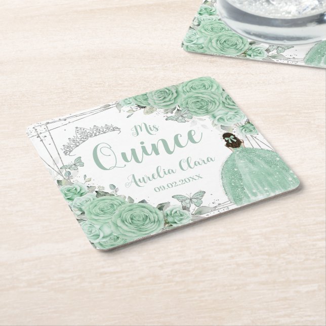Mint Green Floral Princess Silver Quinceañera Square Paper Coaster (Angled)