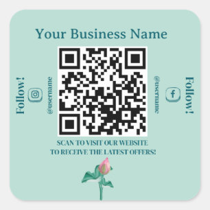 Mint Green Floral QR Code Marketing Square Sticker