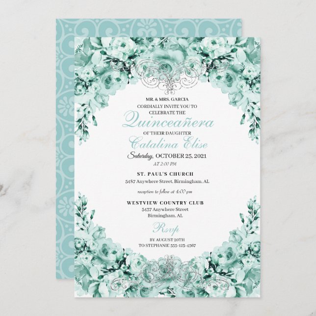 Mint Green Floral Quinceanera Birthday Invitation (Front/Back)