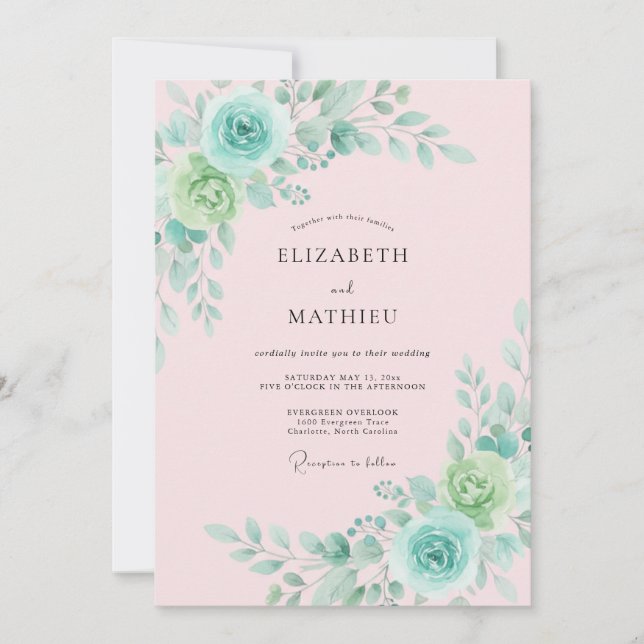 Mint Green Floral Romance Wedding Invitation (Front)